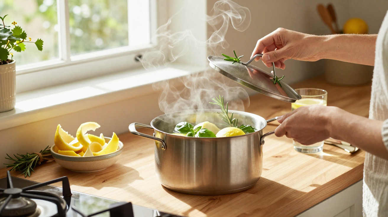 Pessoa a levantar tampa de panela com ervas frescas e limões numa cozinha com luz natural.