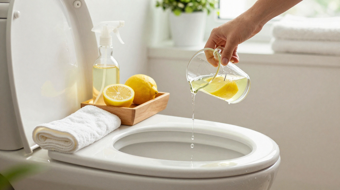 Mão a verter solução de limão num sanitário aberto, com toalha, limão e frasco de spray ao lado.
