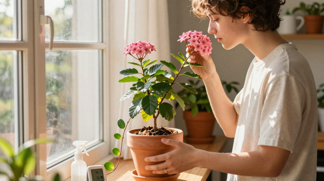 Pessoa jovem a cheirar uma planta com flores cor-de-rosa junto a uma janela em ambiente interior iluminado.