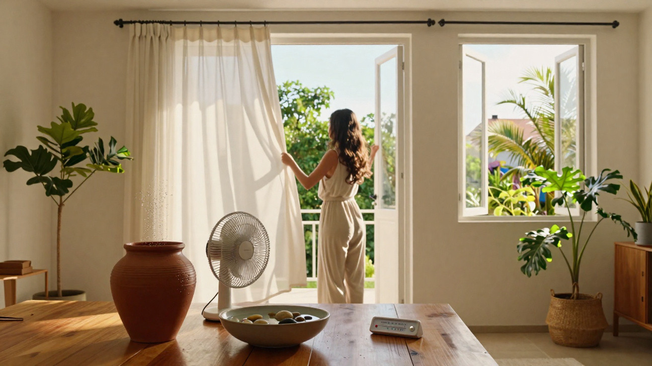 Mulher abre cortina numa sala luminosa com plantas, ventilador e mesa de madeira decorada.