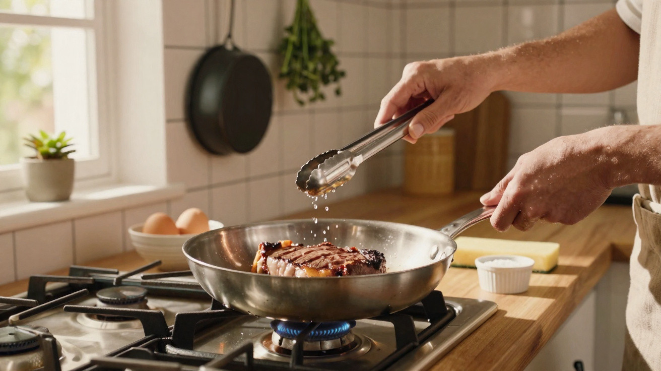 Pessoa tempera bife na frigideira sobre fogão a gás numa cozinha com luz natural.
