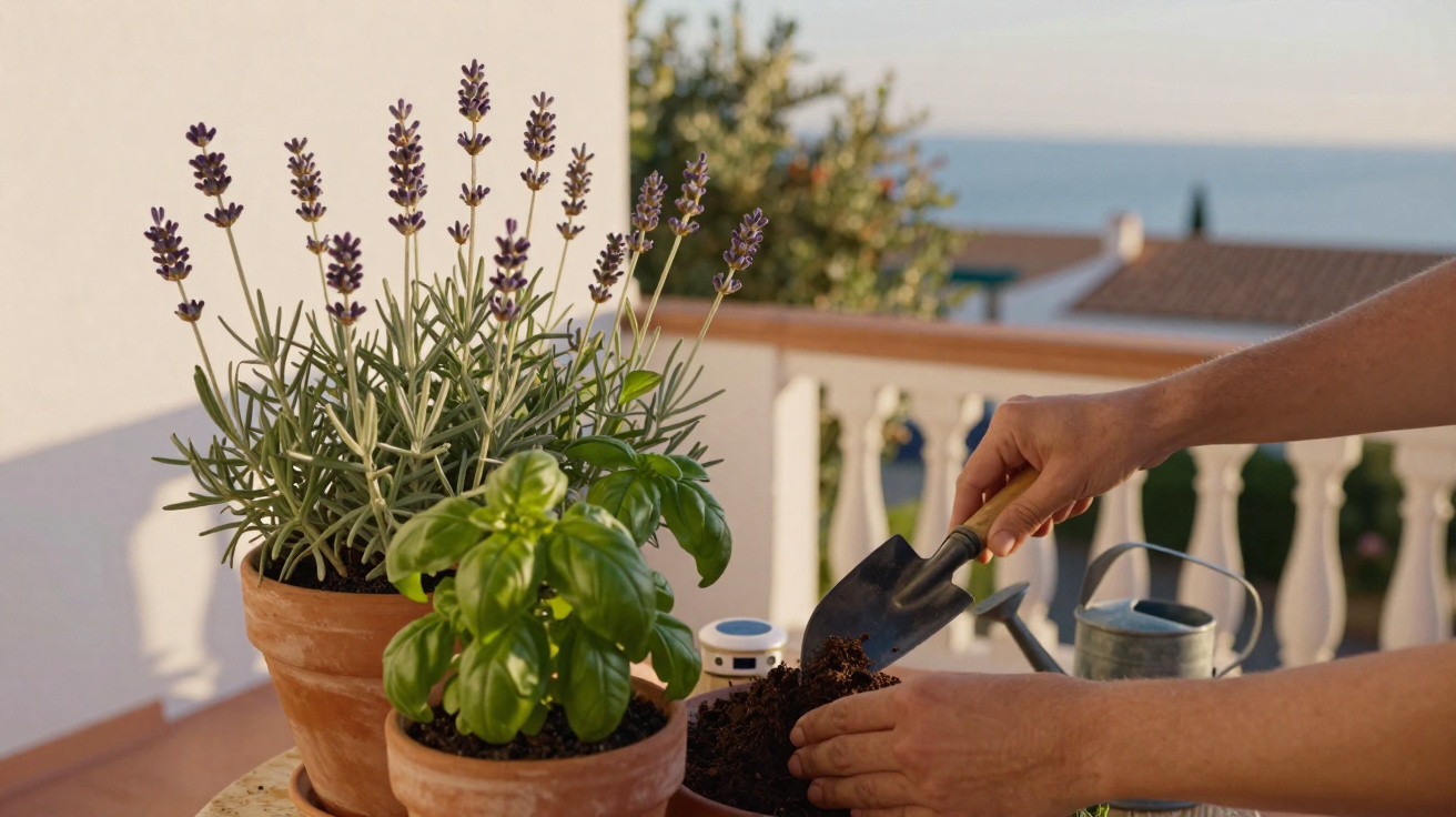 Mãos a preparar terra com pá junto de vasos de terracota com plantas de manjericão e alfazema num terraço.