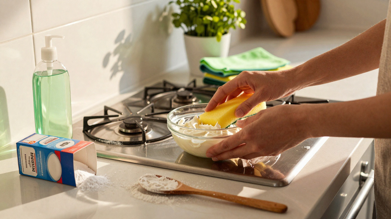 Pessoas a limpar o fogão com esponja e produtos de limpeza na cozinha iluminada.