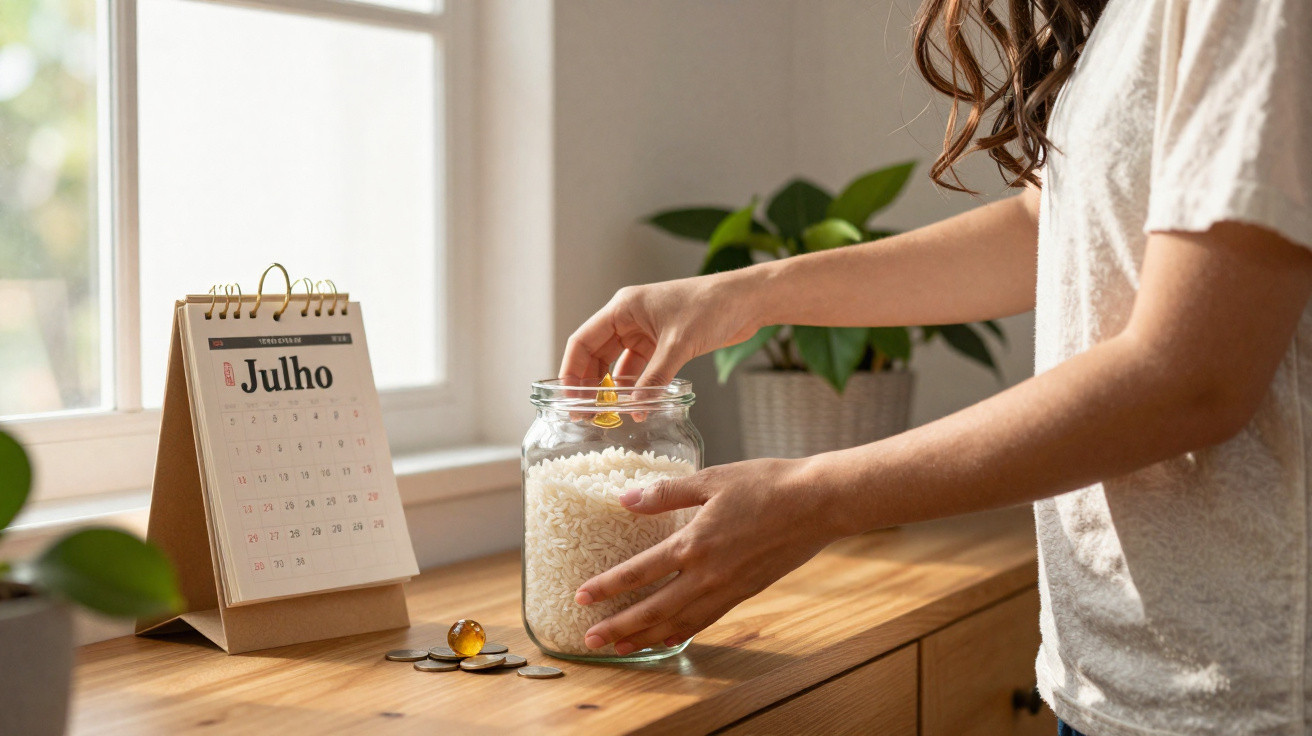 Pessoa a guardar uma moeda num frasco com arroz, calendário de mês de julho sobre madeira.