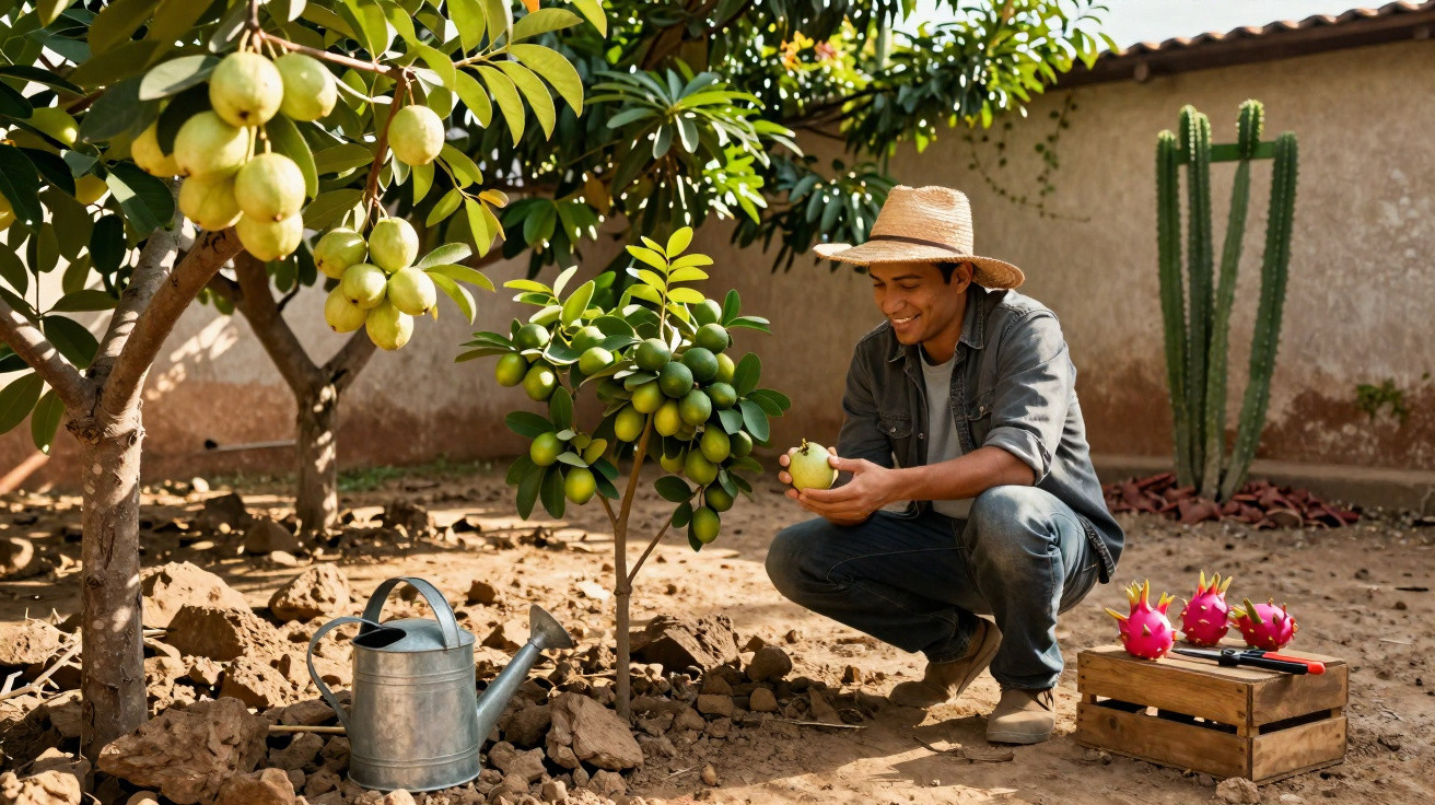 Homem com chapéu colhe fruta num pomar seco com regador e caixa de madeira com frutos por perto.