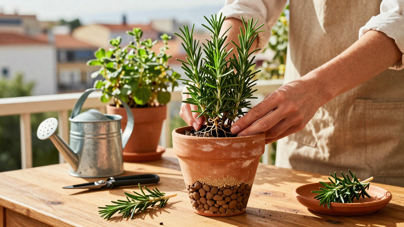Pessoa a plantar alecrim em vaso de barro numa varanda com regador e terraços ao fundo.