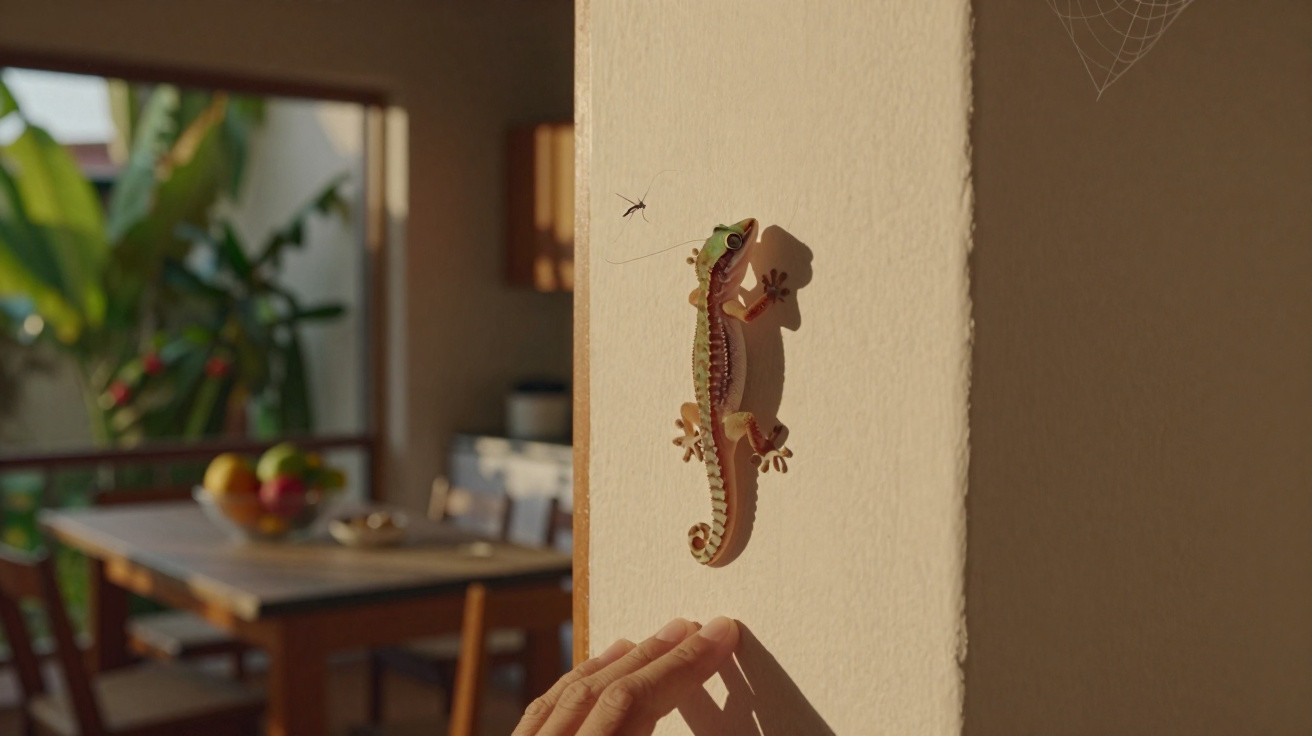 Lagarto verde preso numa parede branca próximo de aranha e mão humana em interior iluminado.