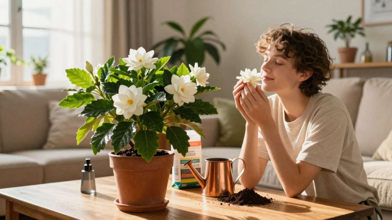 Pessoa a cheirar flor branca de planta em vaso numa sala com mesa de madeira e sofá ao fundo.