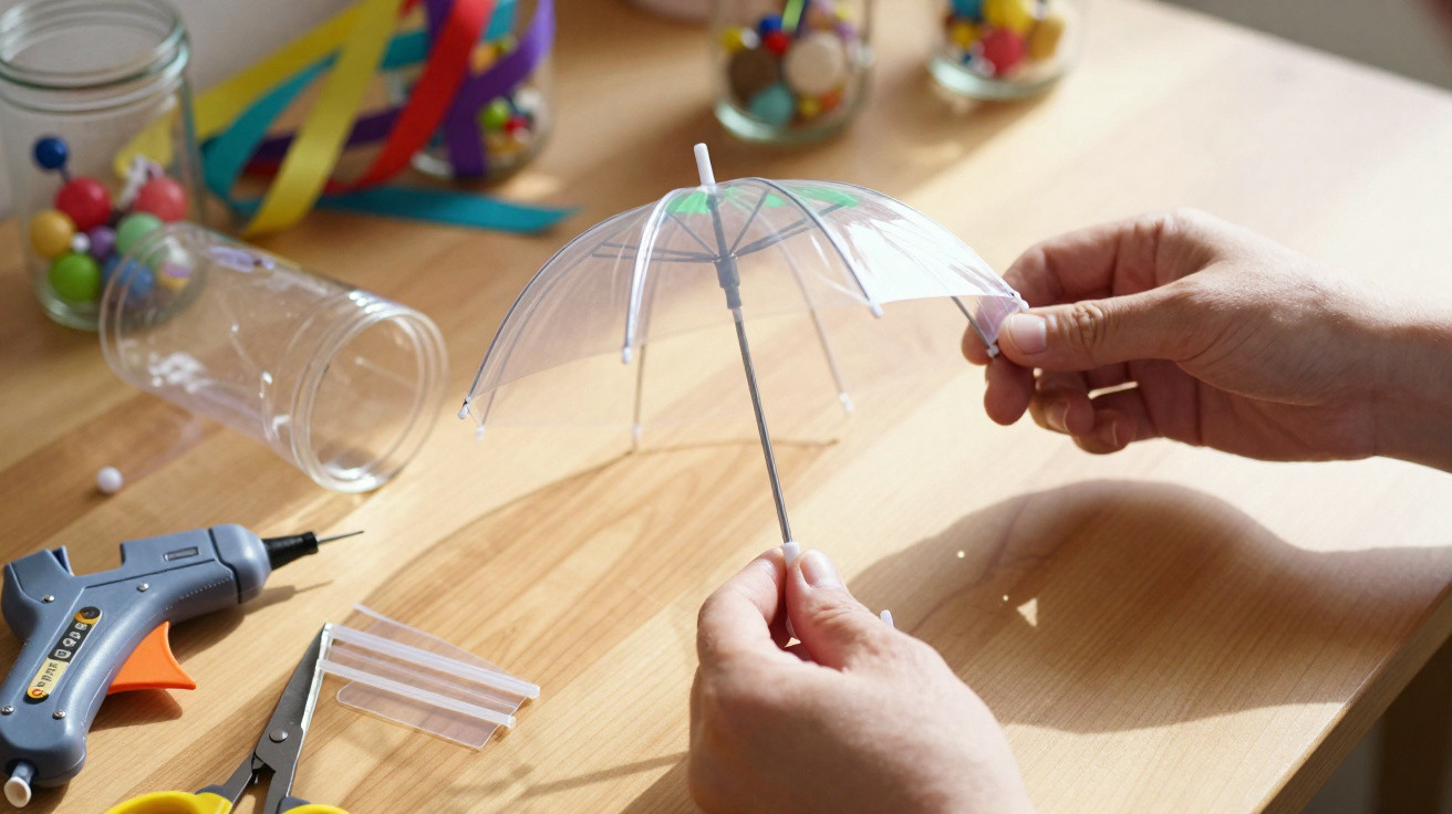 Mãos a montar guarda-chuva transparente em miniatura sobre mesa com materiais de artesanato.