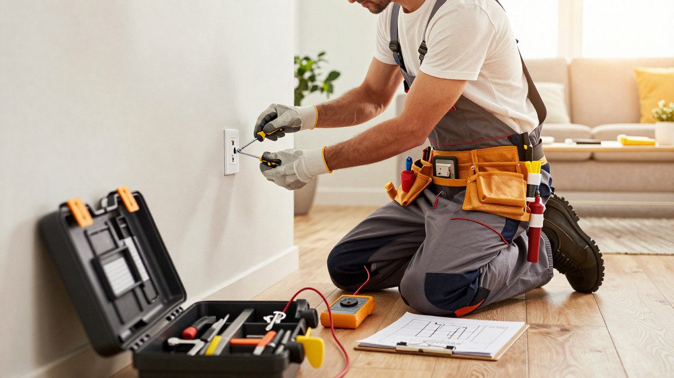 Homem com macacão cinzento e cinturão de ferramentas a instalar uma tomada elétrica numa parede branca numa sala.