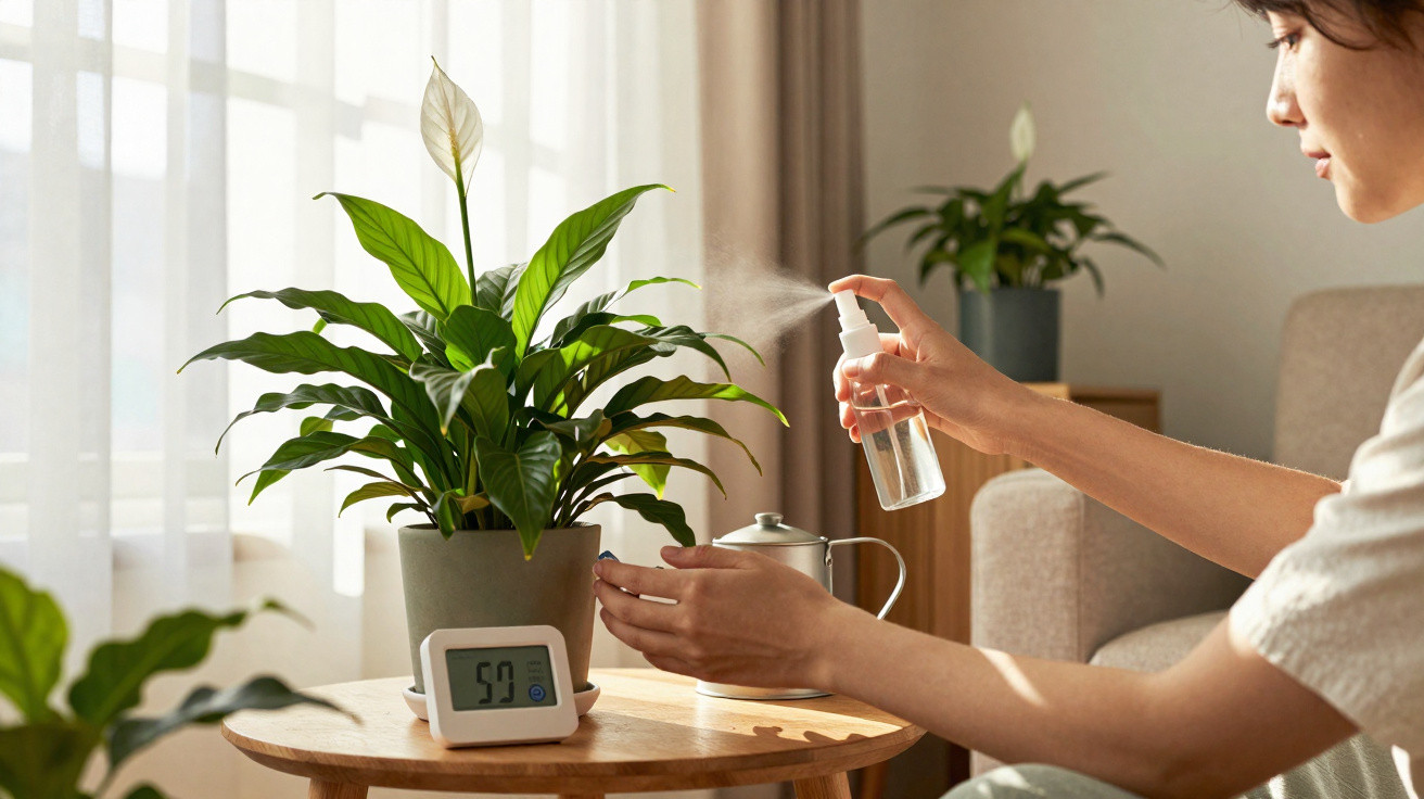 Pessoa a regar planta verde numa sala com luz natural, perto de um medidor digital sobre mesa de madeira.