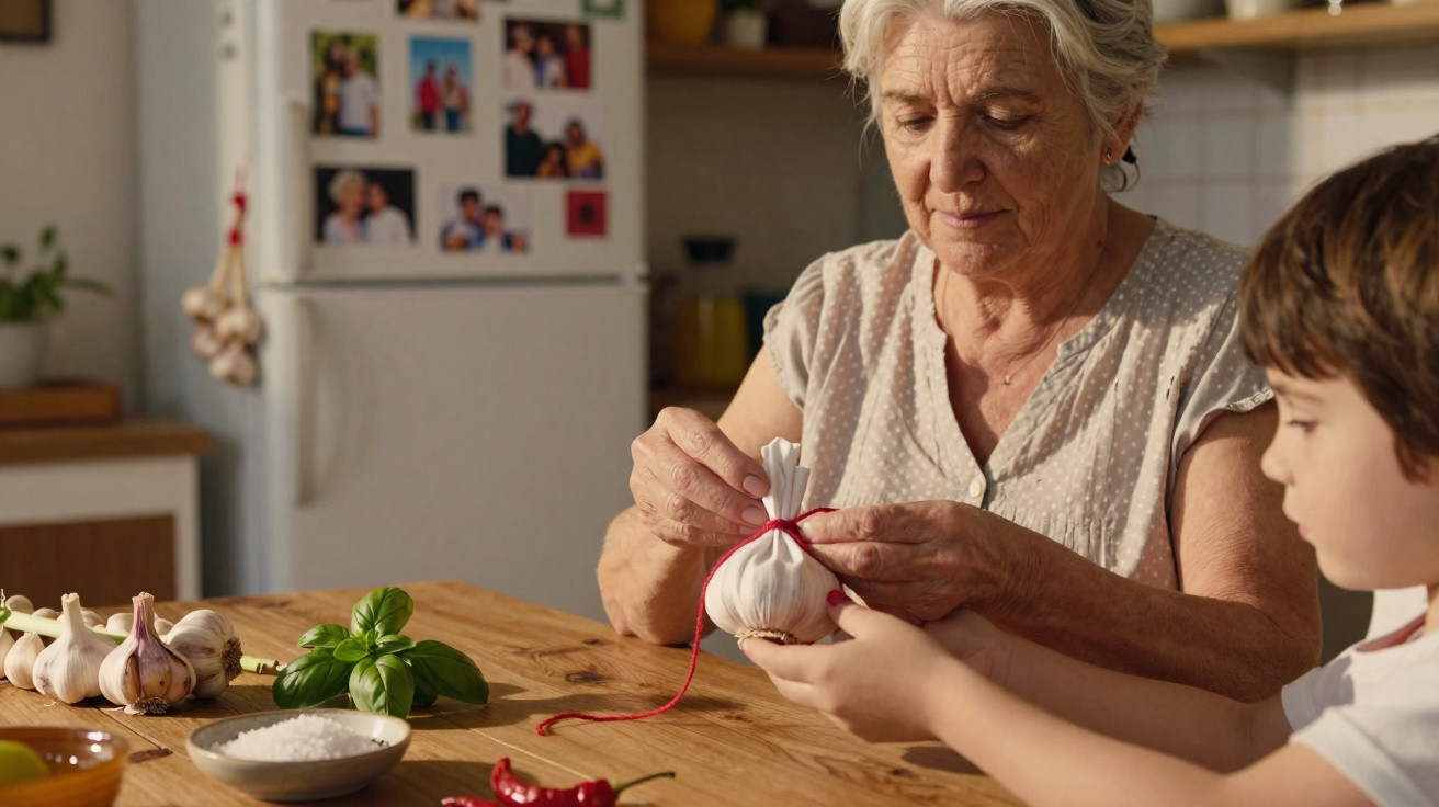 Mulher idosa amarra cabeça de alho com cordão vermelho enquanto menino observa numa cozinha acolhedora.