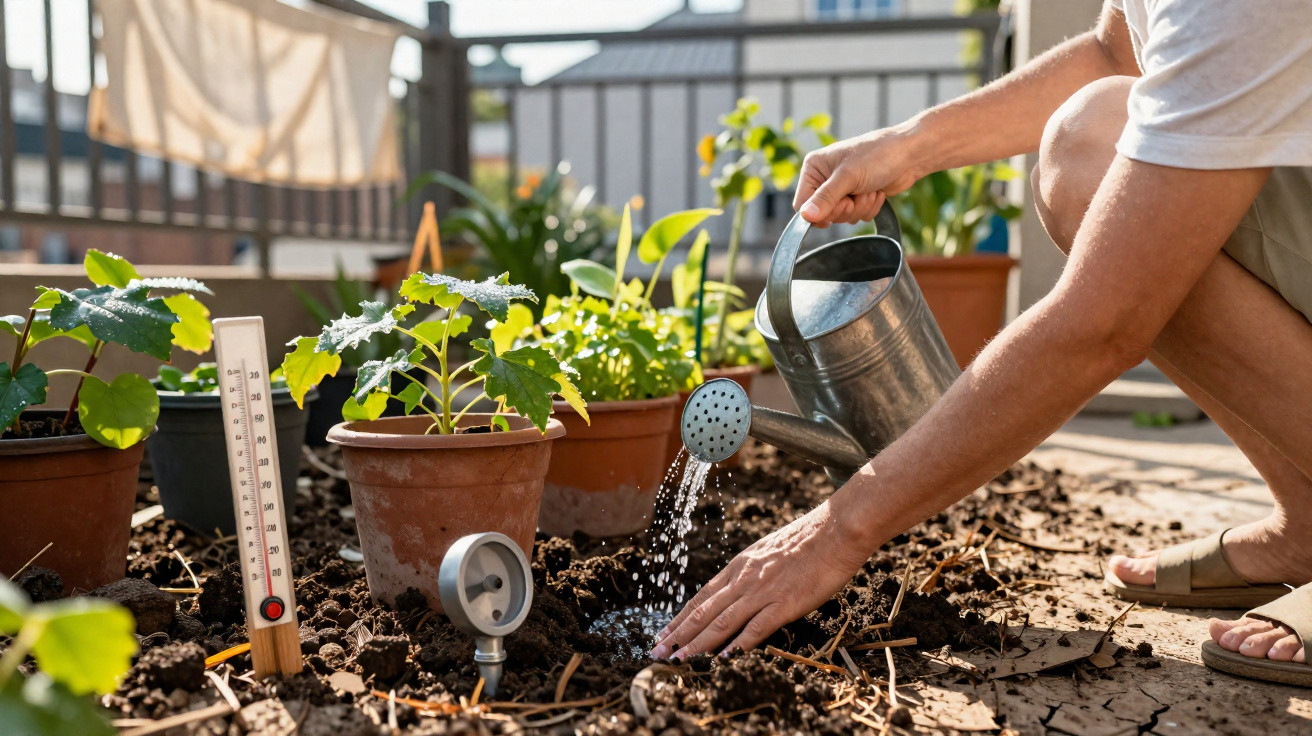 Pessoa a regar plantas em vasos num jardim urbano com termómetro e sensores no solo.