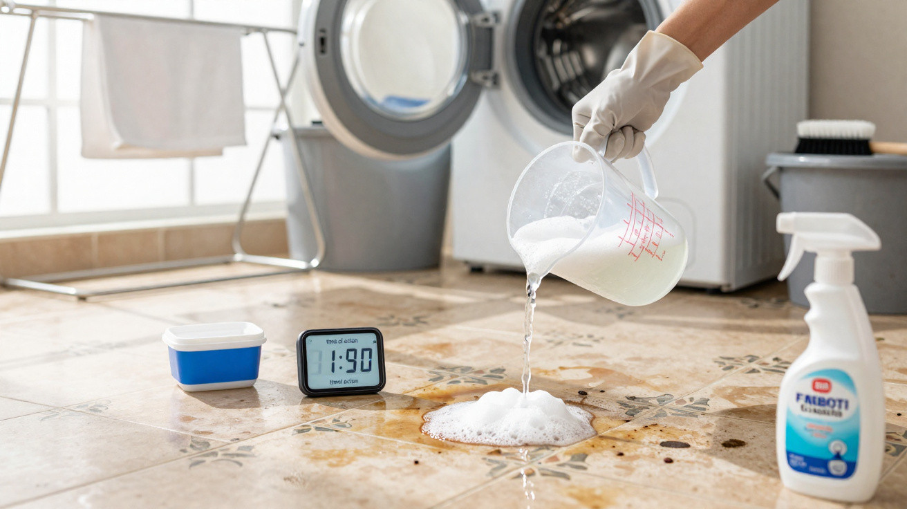 Pessoa a derramar espuma de limpeza no chão sujo com manchas, junto a cronómetro e produtos de limpeza numa casa.