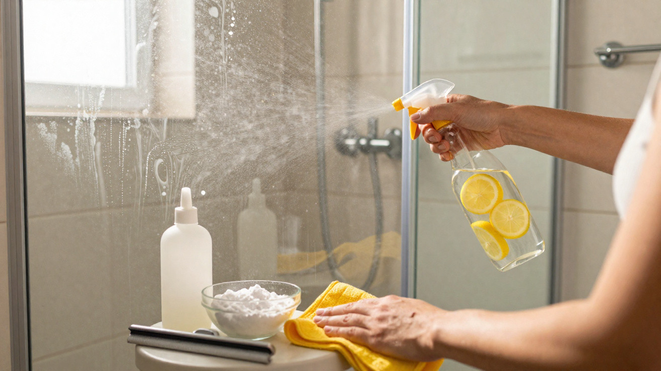 Pessoa a limpar um espelho de casa de banho com spray caseiro de limão e pano amarelo.