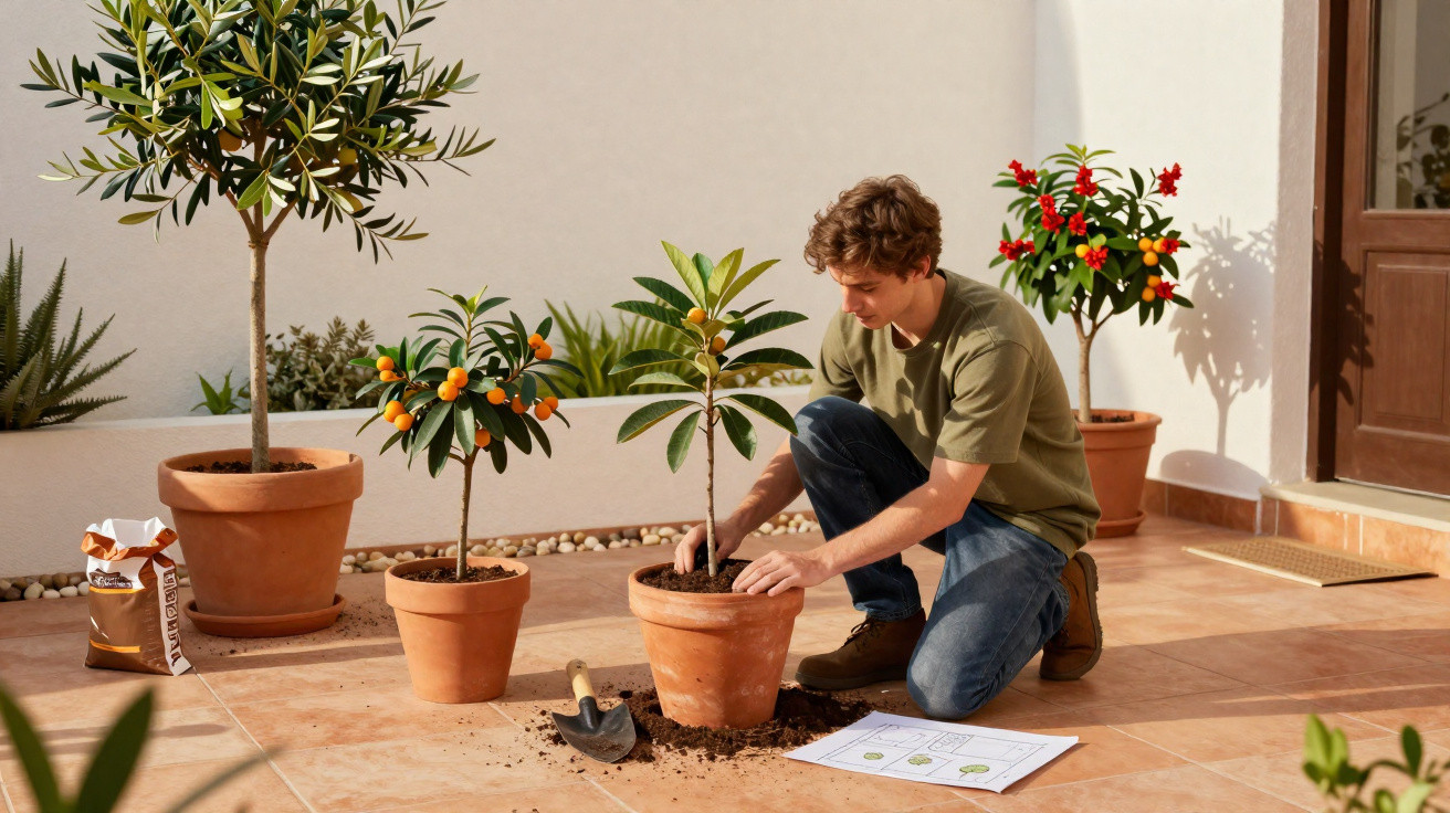 Homem jovem a transplantar planta em vaso de barro num terraço com várias plantas e terra espalhada.