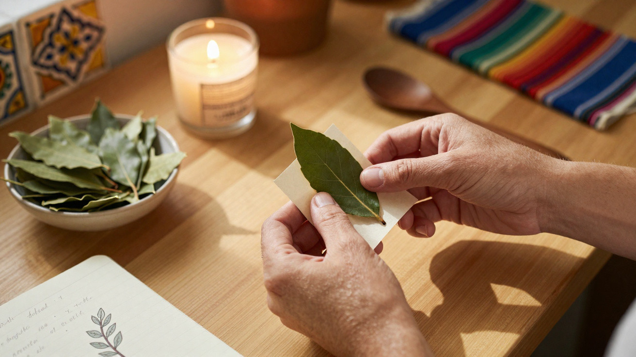 Mãos colando folha de louro em papel, com prato de folhas, vela acesa e caderno numa mesa de madeira.