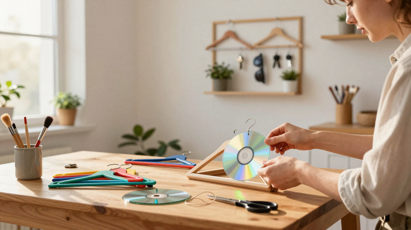 Pessoa a criar suporte com cabides e CDs numa mesa de madeira numa sala iluminada.