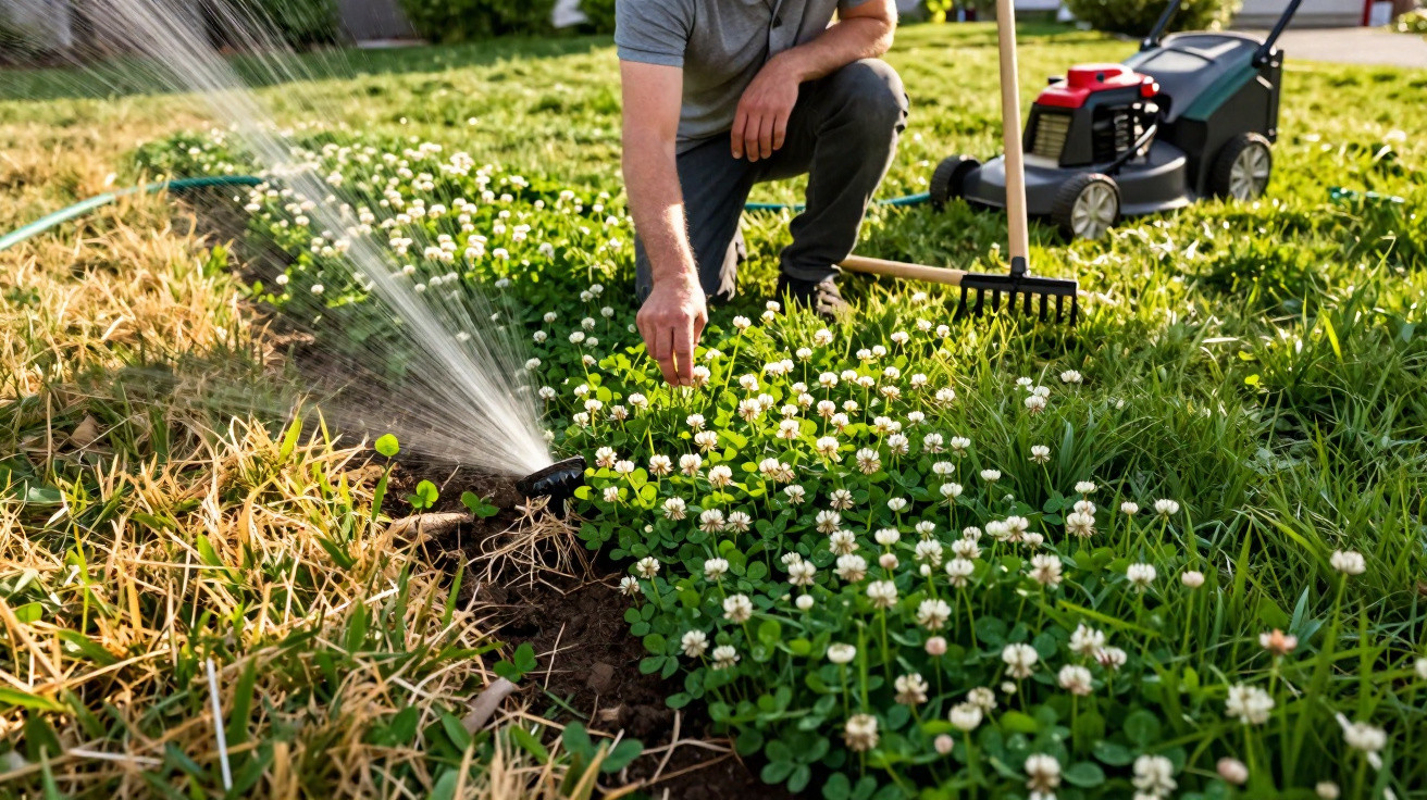 Pessoa a cuidar do jardim com regador automático, flores brancas e relva verde e seca.