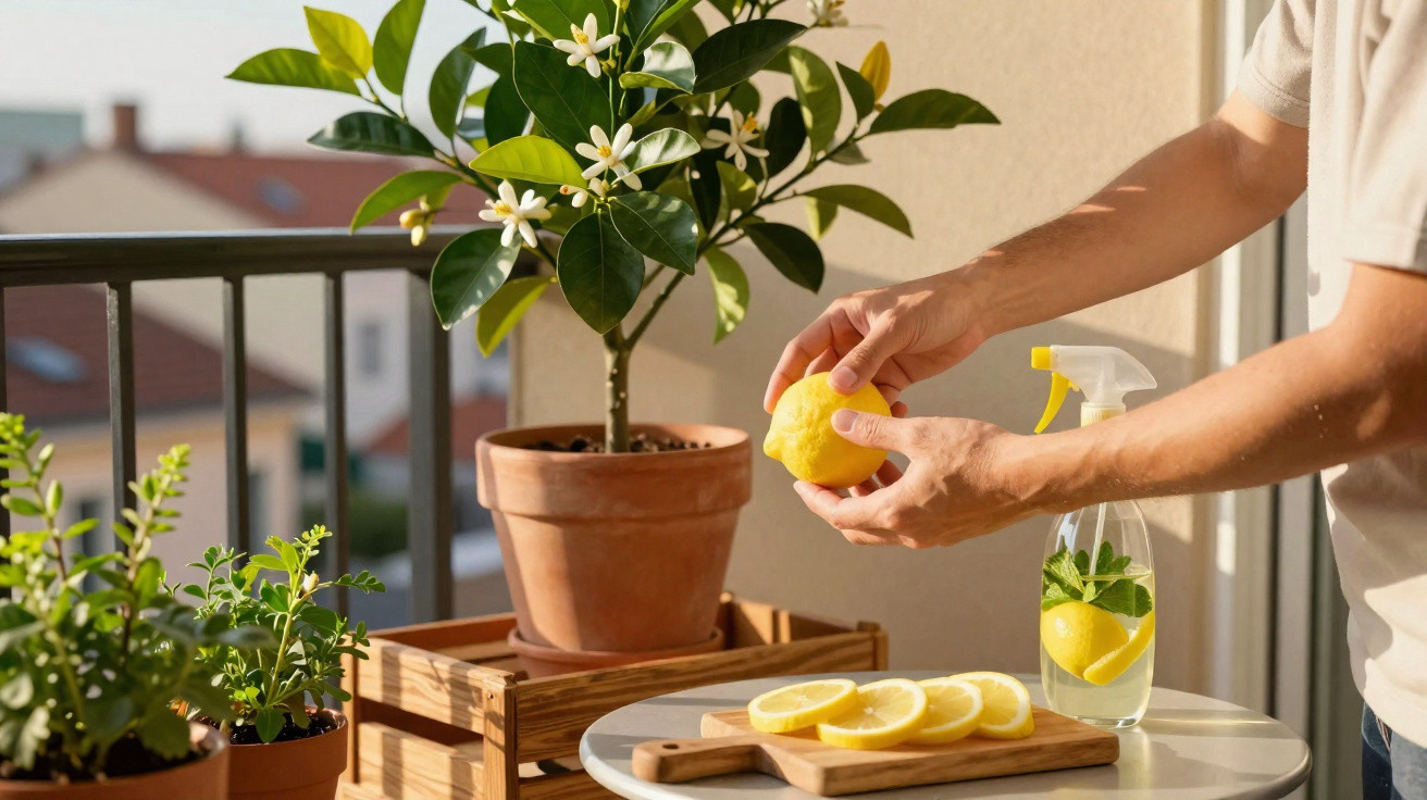 Pessoa a segurar limão junto a plantas em vasos num terraço com luz natural.