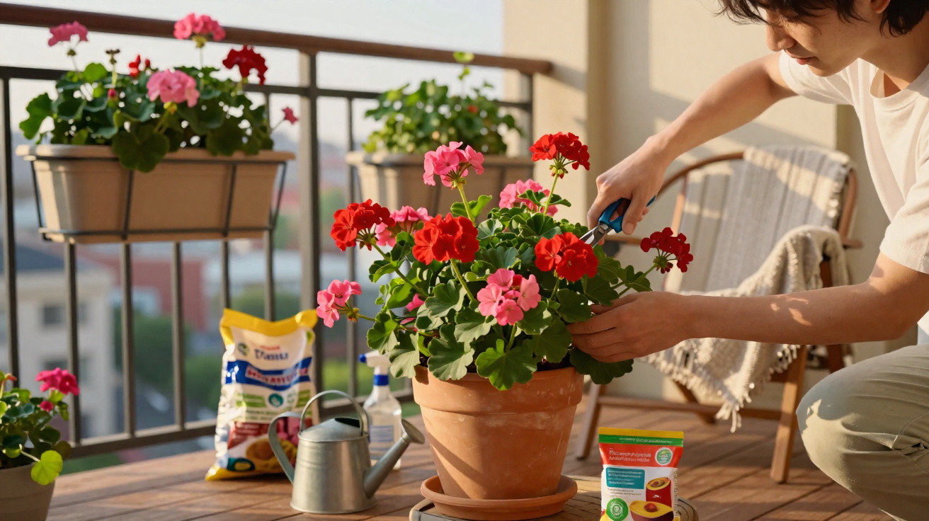 Pessoa a podar flores vermelhas e cor-de-rosa num vaso num terraço ensolarado com ferramentas de jardinagem.