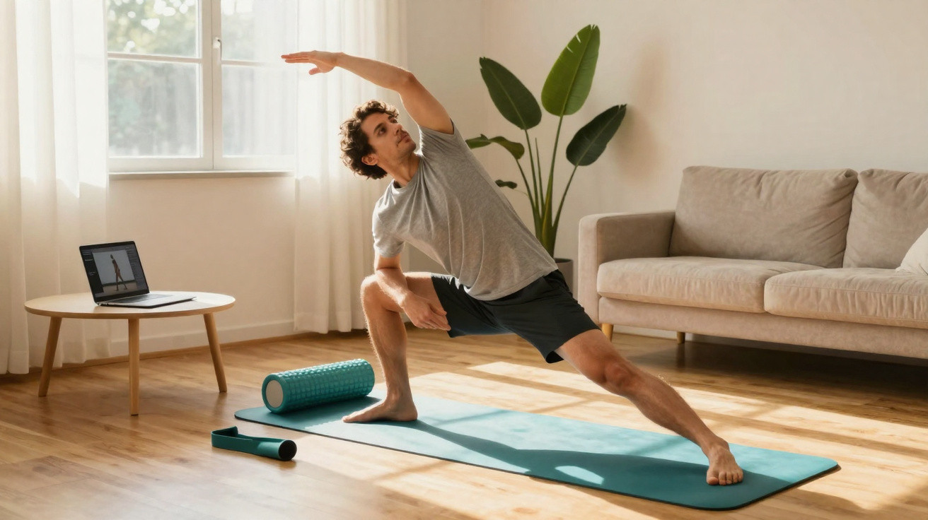 Homem a praticar yoga em casa numa sala iluminada, ao lado de um tapete e laptop.
