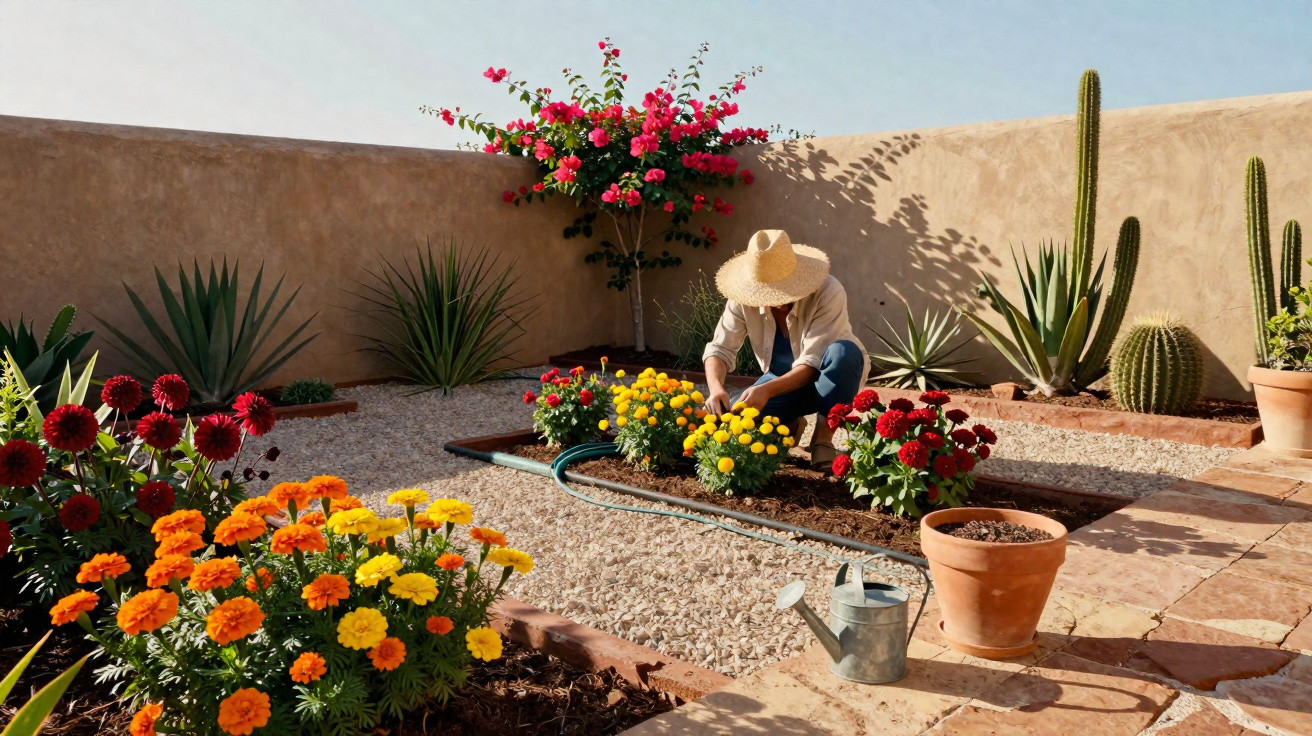 Pessoa a cuidar de flores coloridas num jardim com cactos e plantas em vaso sob céu limpo.