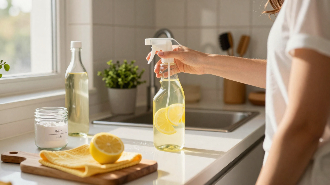 Pessoa a usar spray caseiro com limão para limpeza numa cozinha iluminada, com utensílios ao fundo.