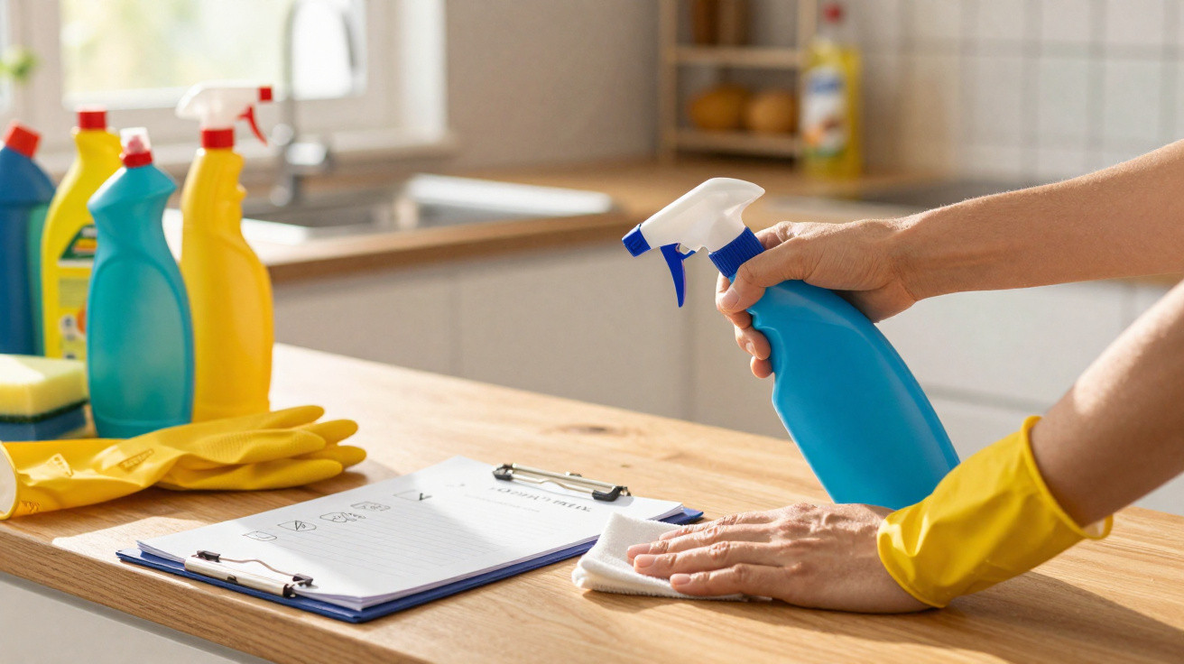 Mãos com luvas amarelas a limpar uma superfície de madeira com spray e pano, com produtos de limpeza em segundo plano.