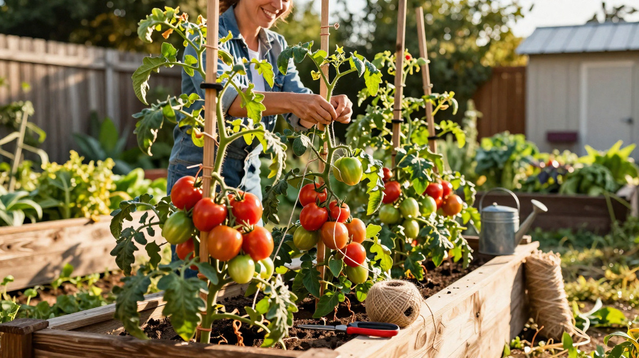 Pessoa a cuidar de plantas de tomateiros num jardim com tomates verdes e maduros.