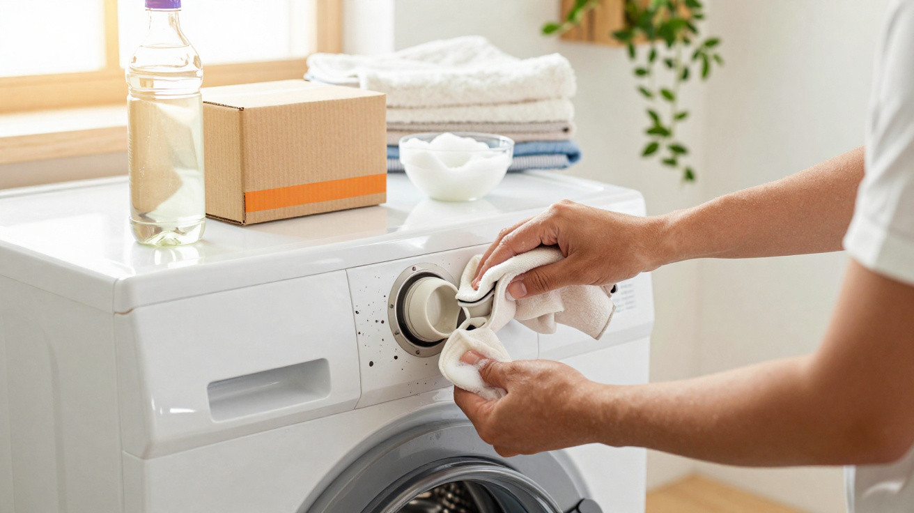 Pessoa a limpar o botão de uma máquina de lavar roupa com um pano branco num ambiente doméstico.