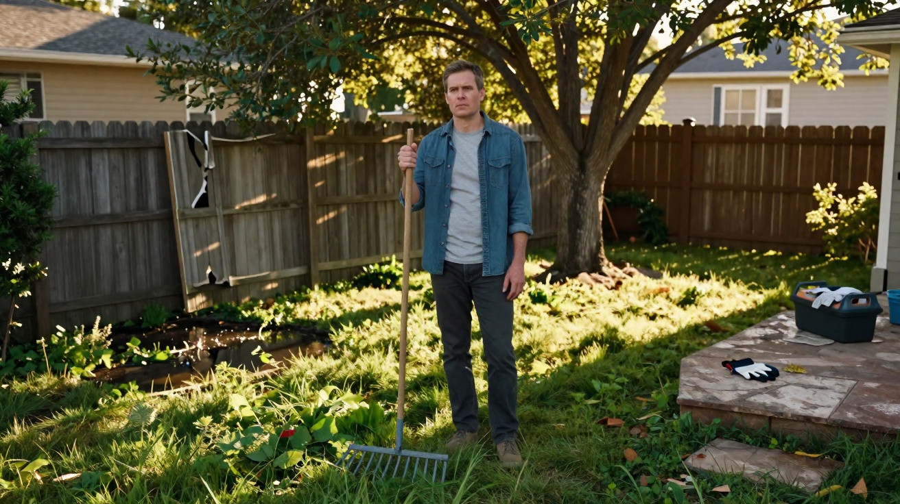 Homem de camisa azul e calças escuras a segurar um ancinho num jardim com vegetação densa e relva alta.