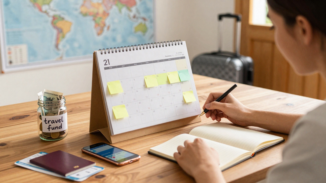 Pessoa a planear viagem com calendário, caderno, telemóvel, passaportes e frasco com dinheiro para fundo de viagens.