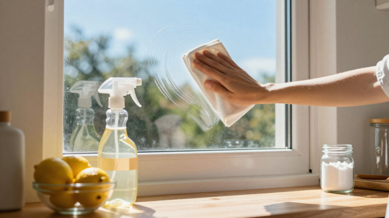 Mão a limpar uma janela com um pano branco, spray de limpeza e frutos cítricos sobre um tampo de cozinha.