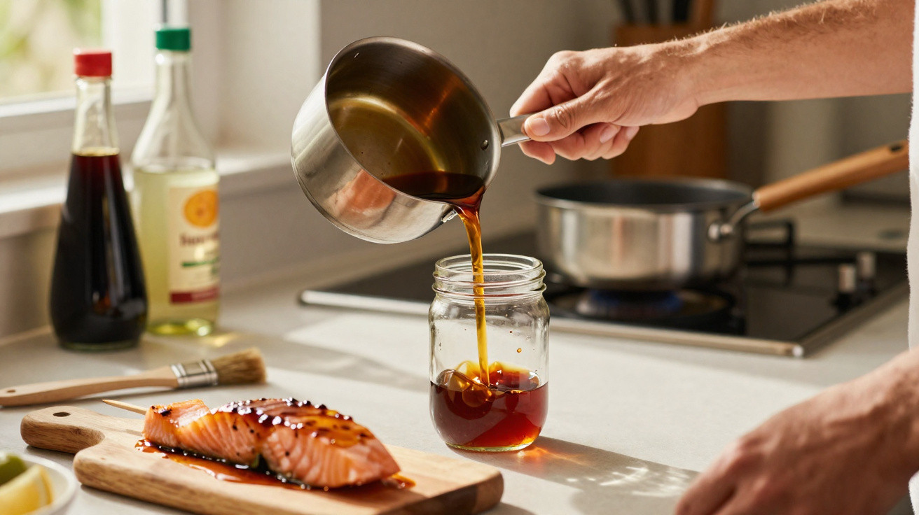 Pessoa a verter molho num frasco ao lado de salmão com molho num tábua de madeira numa cozinha.