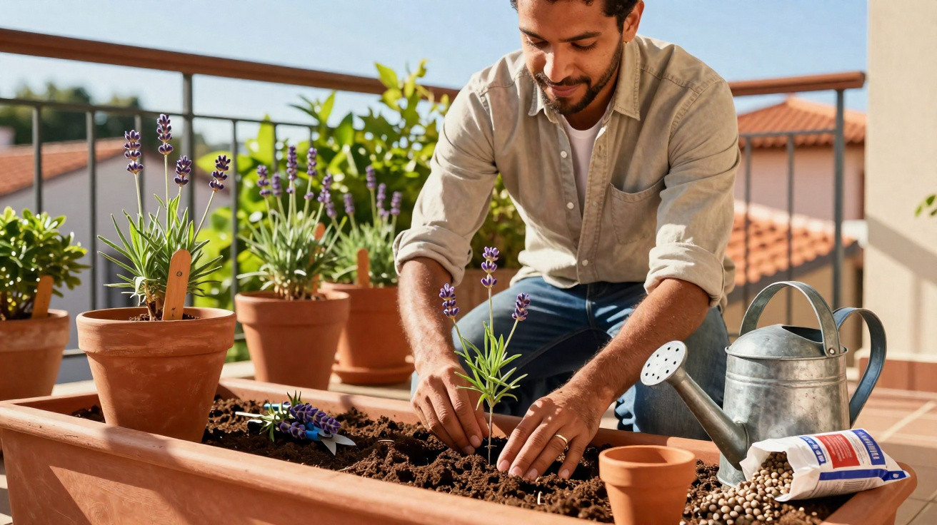 Homem a plantar flores lilases num vaso grande de jardim na varanda ensolarada.