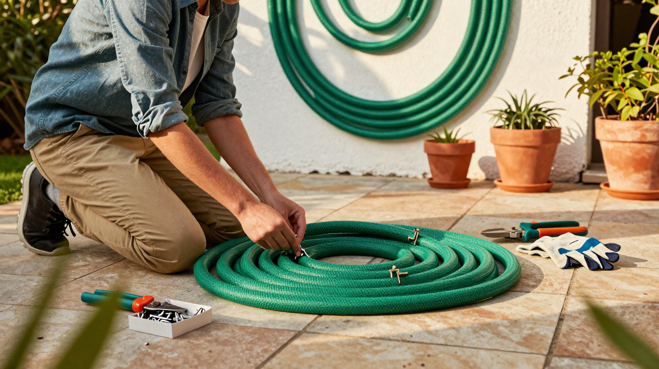 Pessoa ajoelhada a preparar mangueira verde para jardim numa varanda com ferramentas e plantas em vasos.