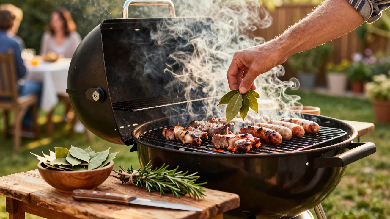Churrasco ao ar livre com carne e salsichas grelhadas, ervas frescas e folha de louro a ser colocada no grelhador.