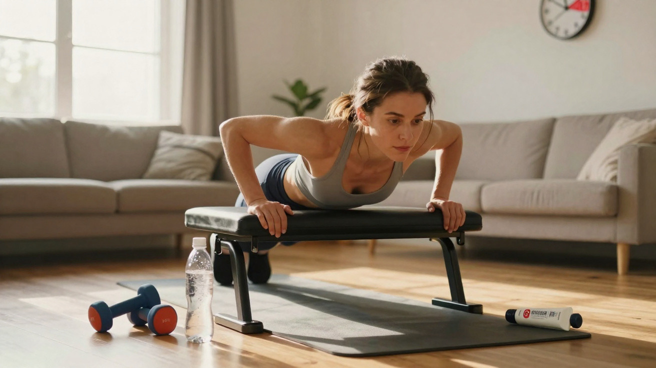Mulher a fazer flexões apoiada num banco de exercício numa sala de estar com halteres e garrafa de água.