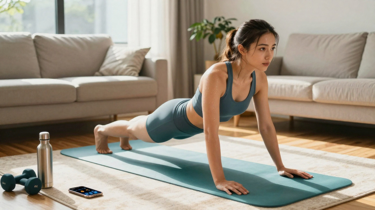 Mulher a fazer prancha em tapete de yoga numa sala com sofá, halteres, garrafa e smartphone ao lado.