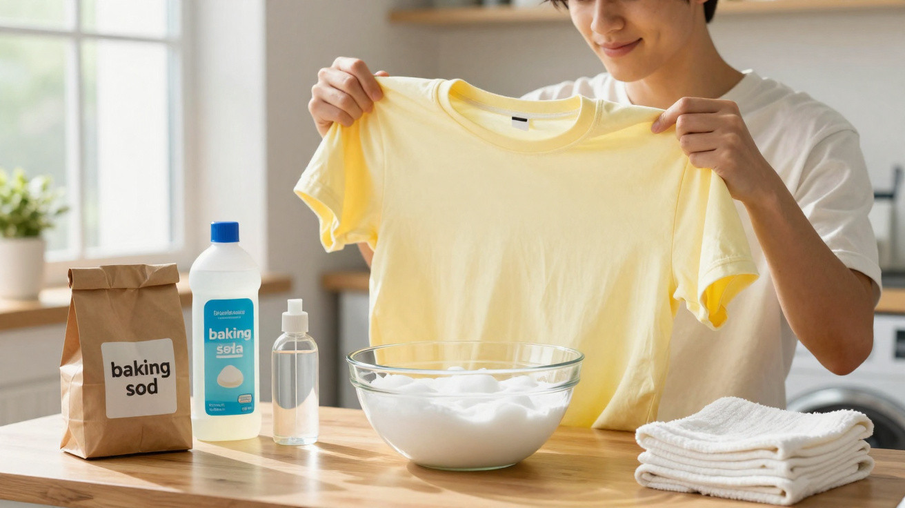 Pessoa segura t-shirt amarela junto a bicarbonato, garrafas e toalhas numa cozinha luminosa.
