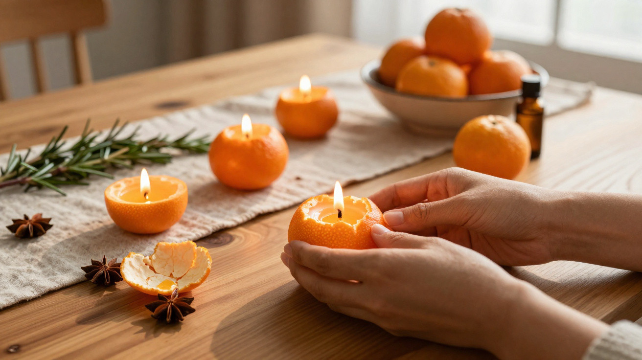 Mãos seguram vela feita com tangerina acesa, com outras velas de tangerina e ervas numa mesa de madeira.