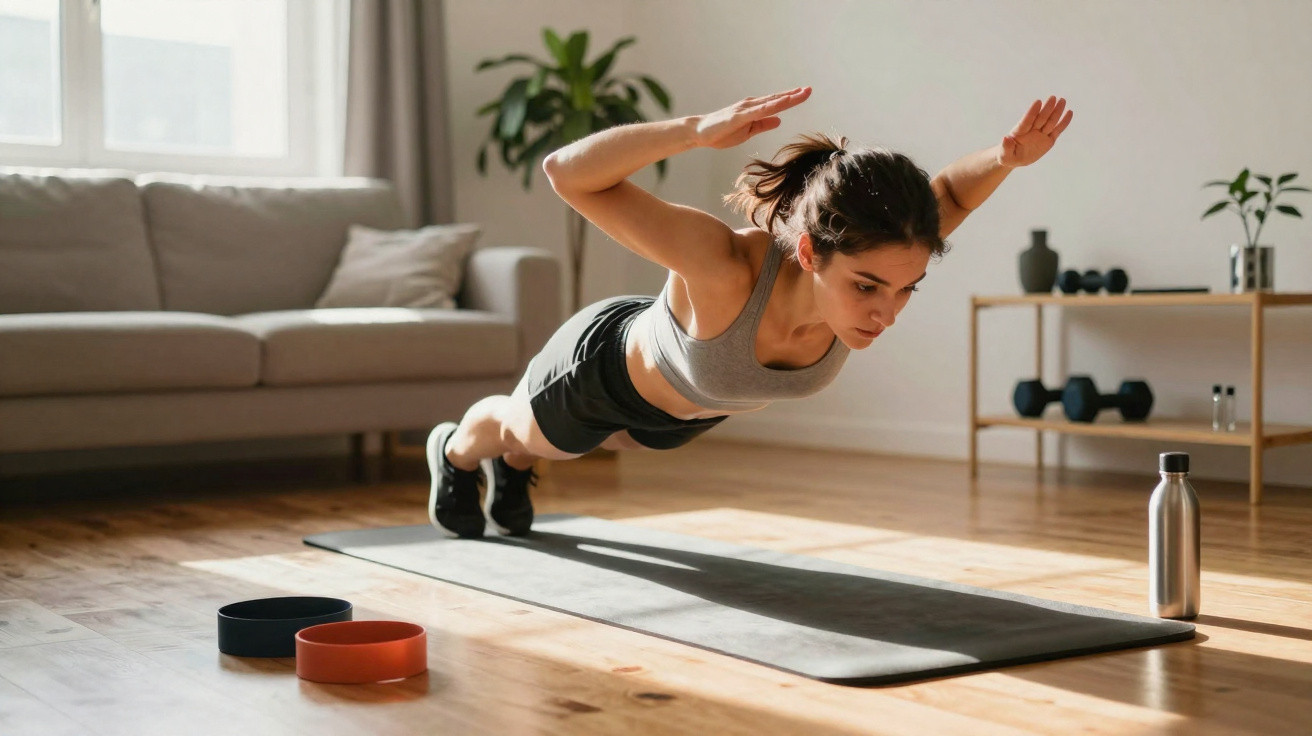 Mulher a fazer exercício de prancha no tapete de yoga numa sala com luz natural.