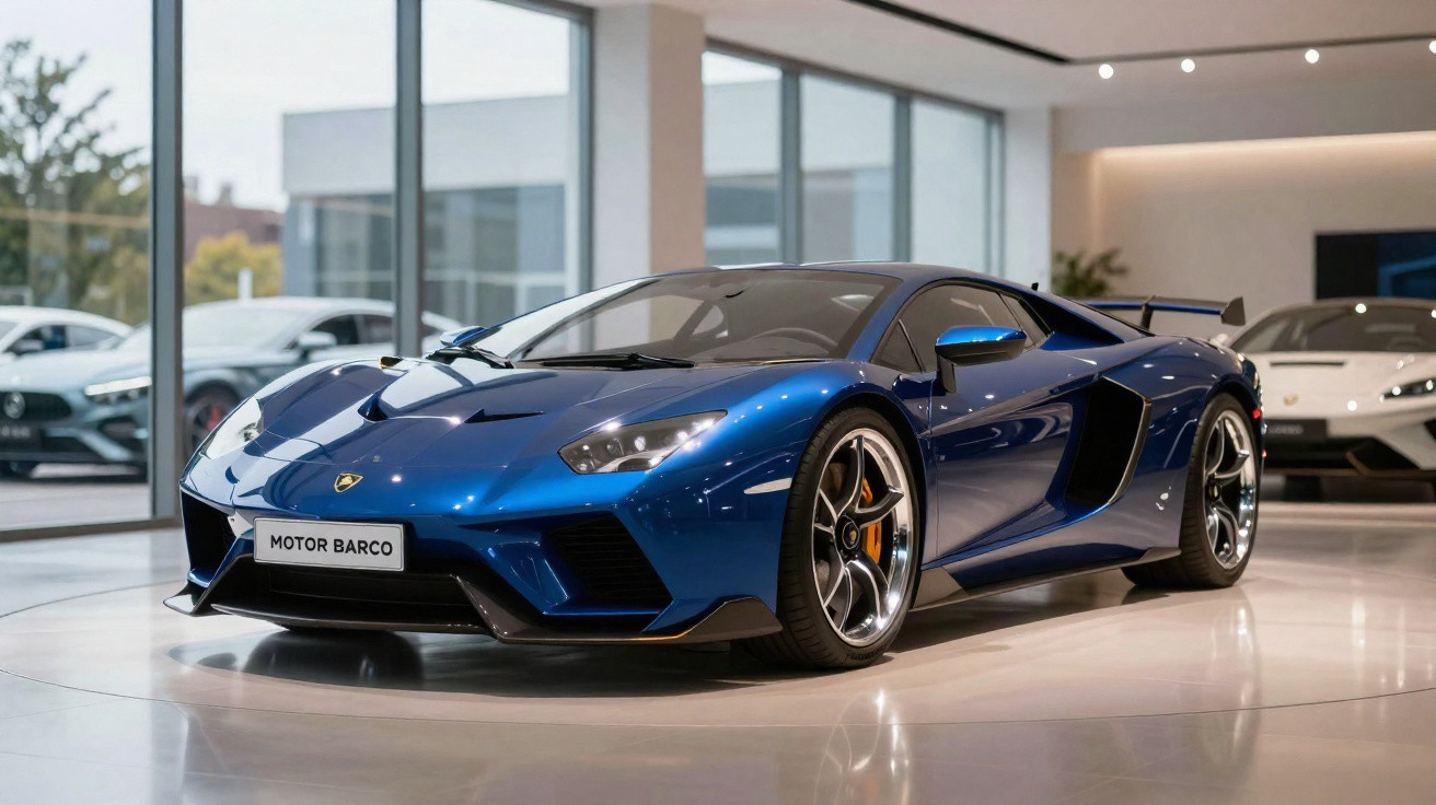 Carro desportivo azul Lamborghini exposto numa sala de showroom moderna com grandes janelas de vidro.