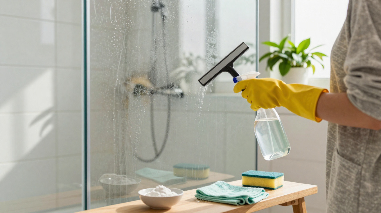 Pessoa a limpar vidro da casa de banho com esponja, frasco de spray e luvas amarelas.