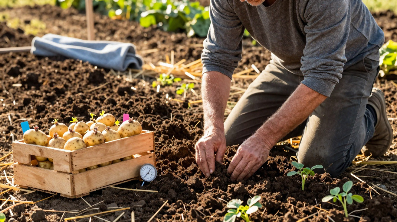 Homem a plantar batatas na terra, ao lado de caixa com batatas preparadas para plantação.