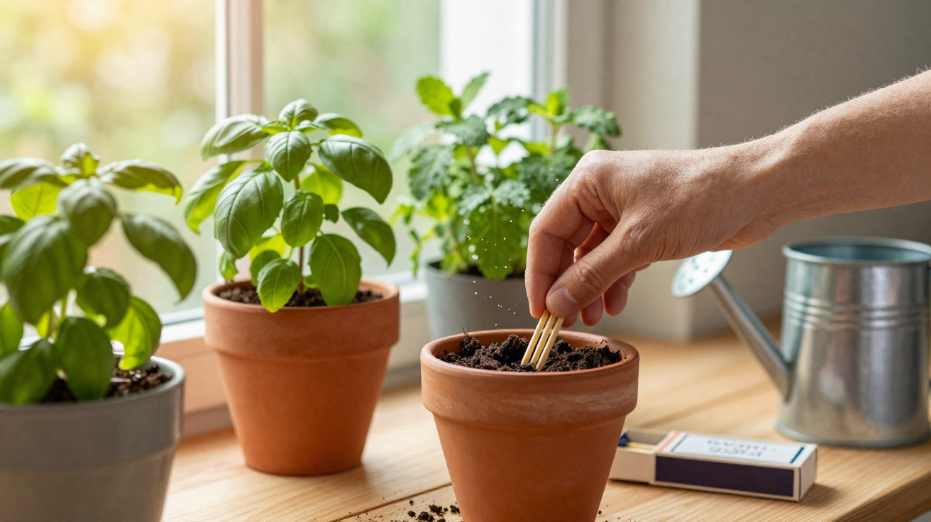 Mão a plantar sementes em vaso de barro, com plantas e regador numa mesa junto à janela.