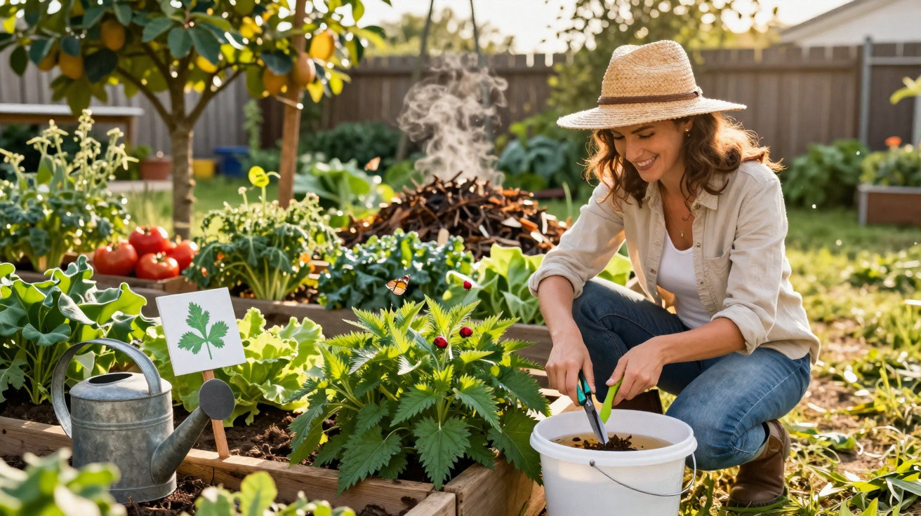 Mulher a cuidar de plantas numa horta caseira ao ar livre, com regador e chapéu de palha.