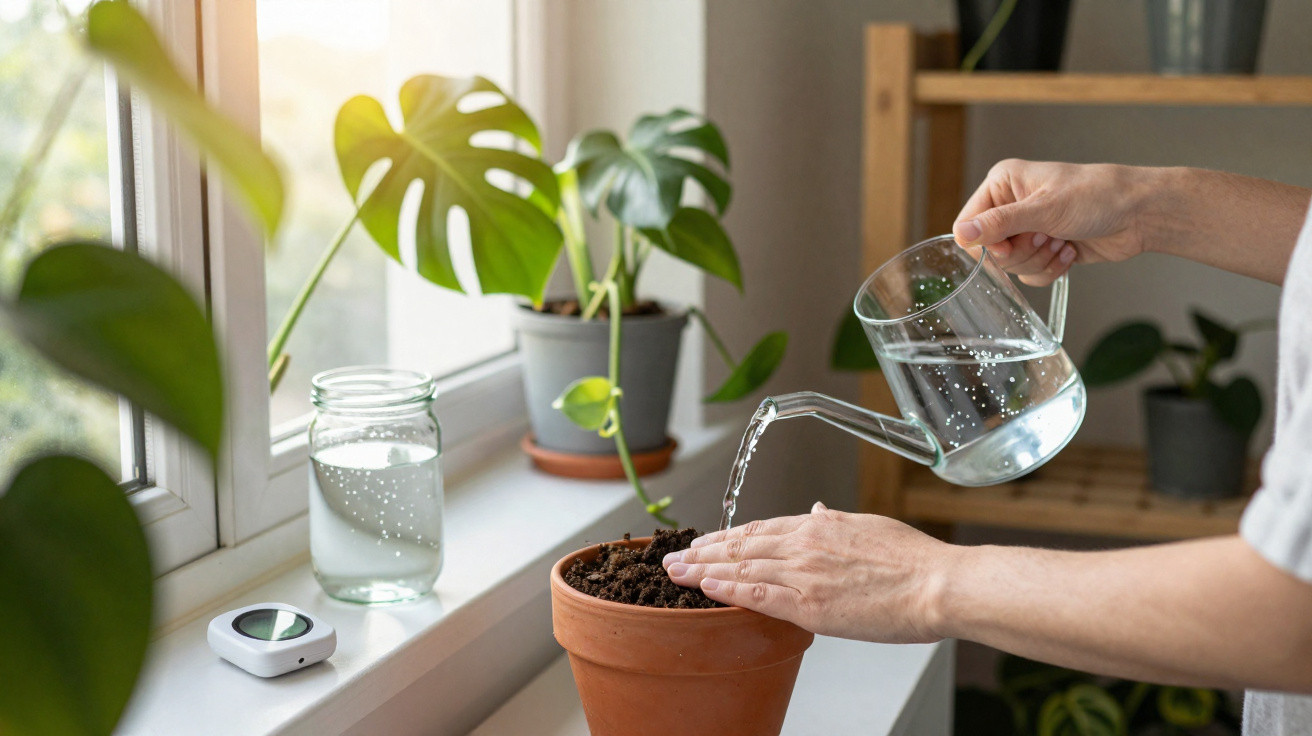 Pessoa a regar planta em vaso de barro junto a janela com plantas em ambiente interior.