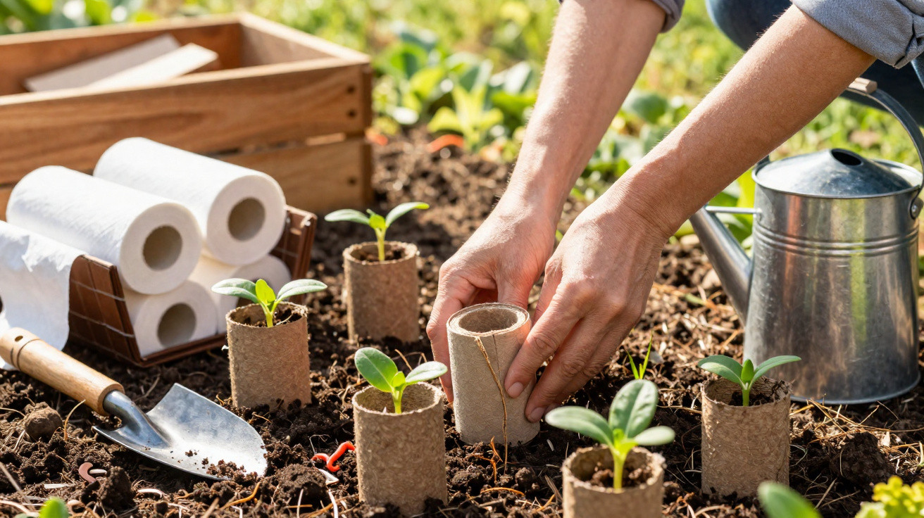 Mãos plantando mudas em vasos biodegradáveis no solo, com regador, enxada e rolos de papel ao lado.